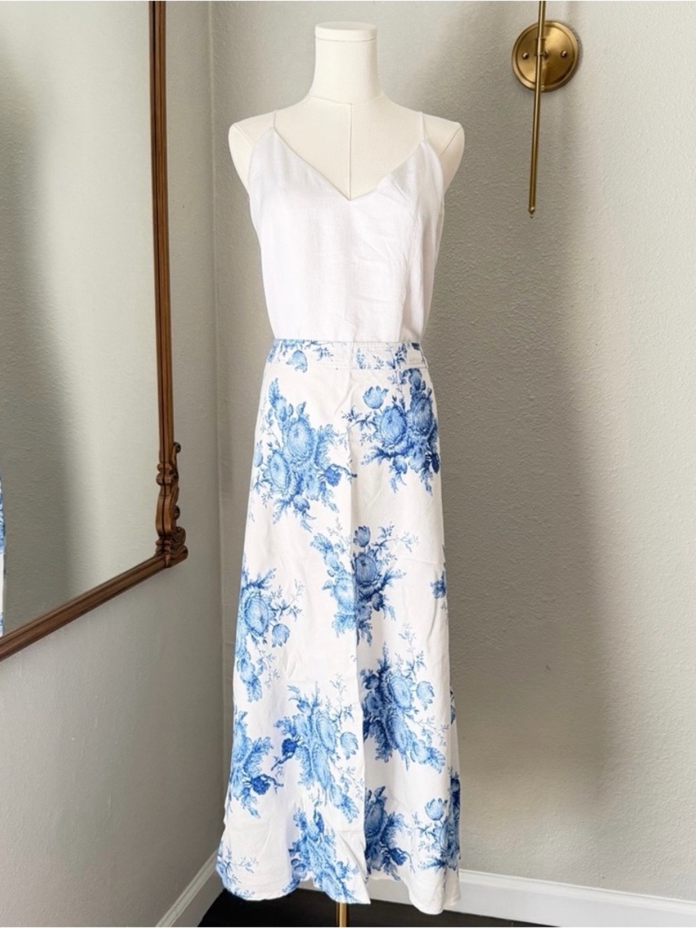 Jones & Co Linen Blend Blue White Floral Toile A-Line Skirt Size 20W